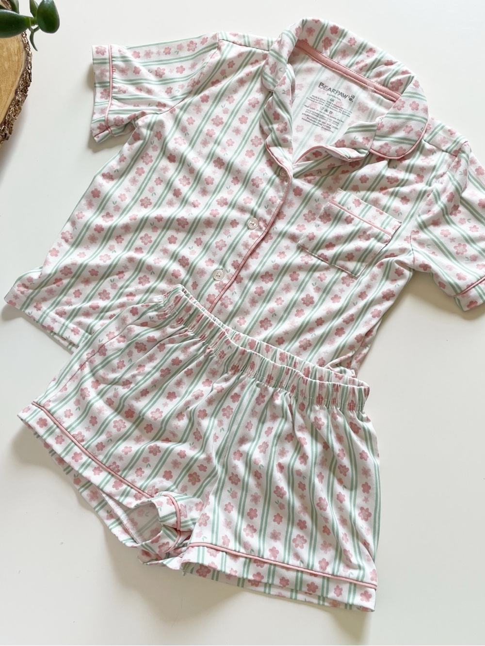 BearPaw Pink and Green Floral Stripe Short Pajama Set | 6x